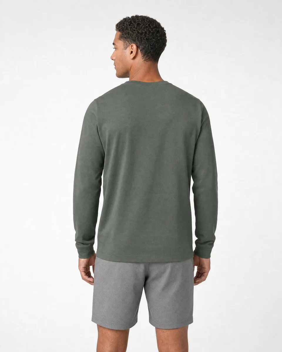 StringKing Men's Pima Terry Long Sleeve V-Neck Tee - Relaxed Fit, Moss, Full Back - Human Model - Top of head to Mid-thigh