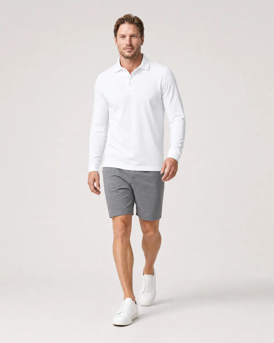 StringKing Men's Pima Jersey Long Sleeve Polo Multi, Full Front Angle - Human Model