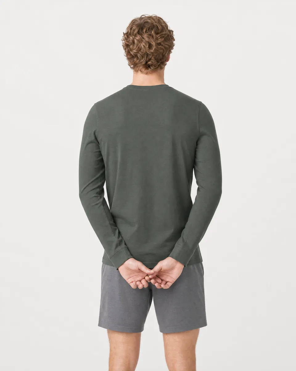 StringKing Men's Pima Jersey Long Sleeve V-Neck Tee - Sharp Fit, Moss, Full Back - Human Model - Top of head to Mid-thigh