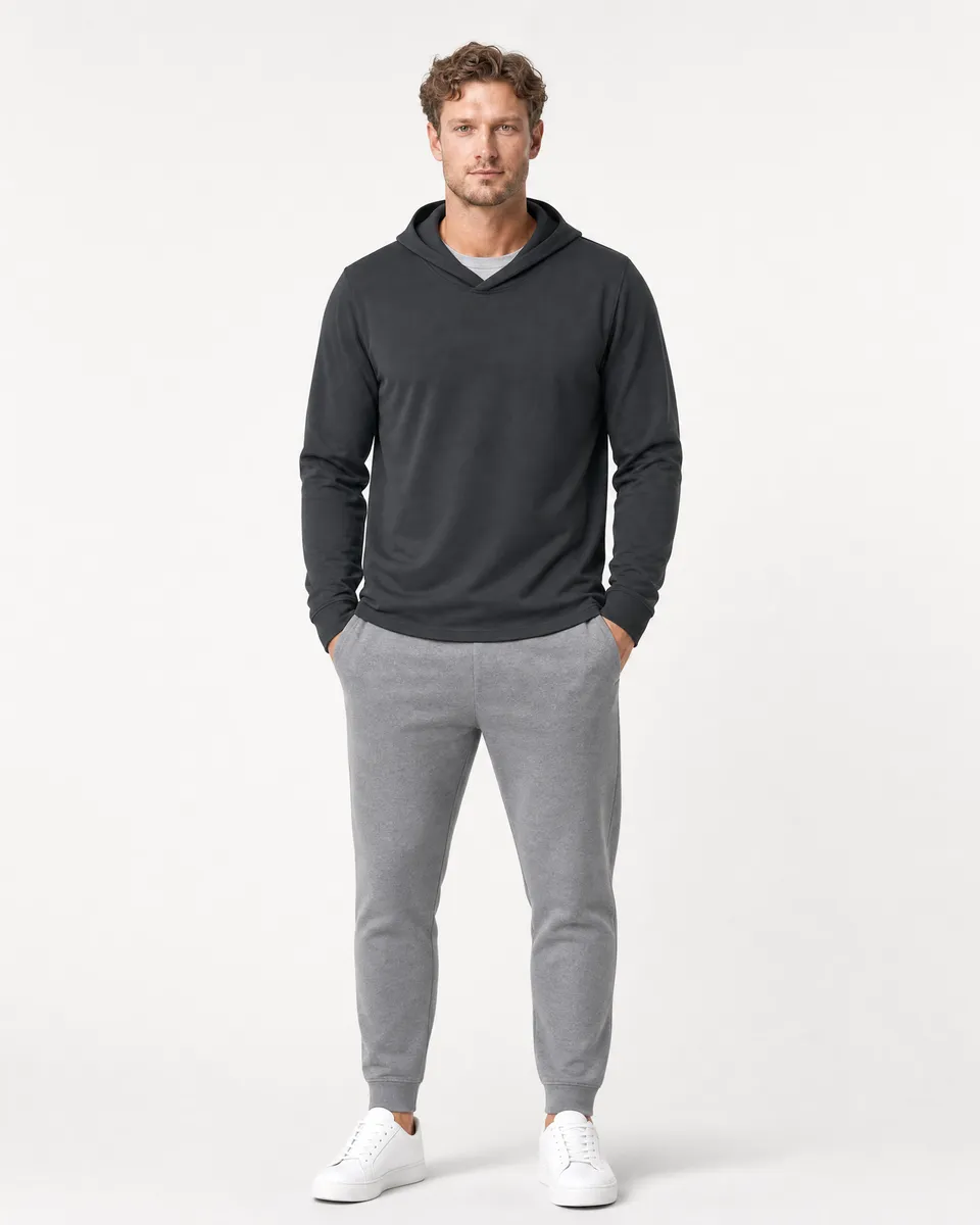 StringKing Men's StayCool Hoodie - Relaxed Fit, Black, Full Front - Human Model - Top of head to Knees