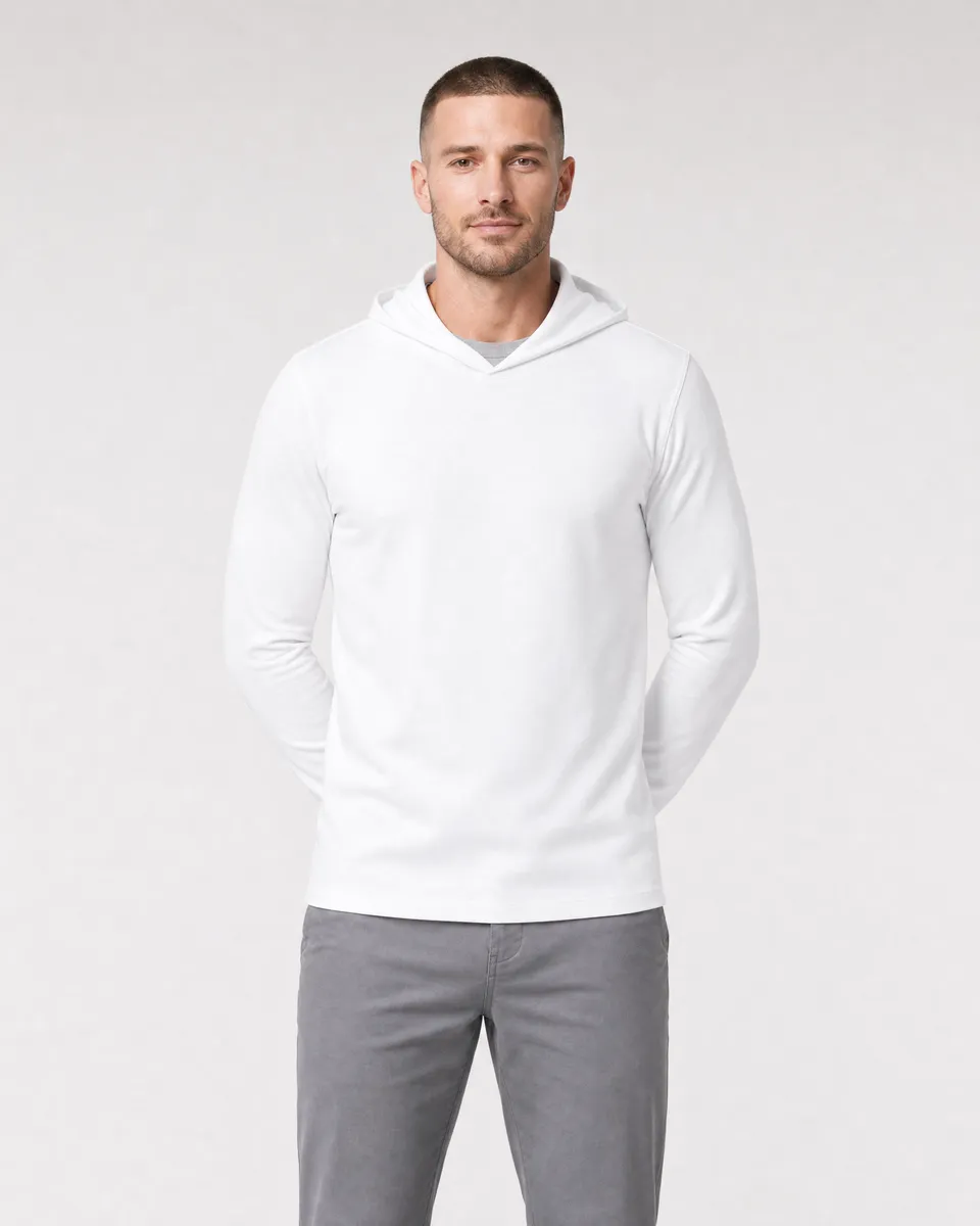 StringKing Men's Pima Jersey Hoodie - Sharp Fit, White, Full Front - Human Model - Top of head to Knees