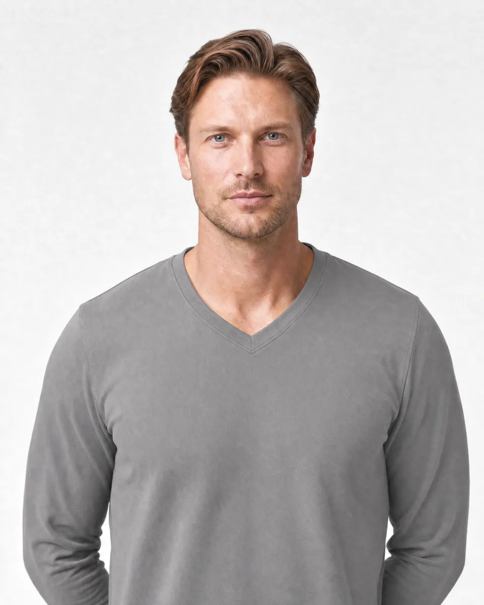 StringKing Men's Pima Terry Long Sleeve V-Neck Tee - Sharp Fit, Frost Gray, Collar Shoulder - Human Model