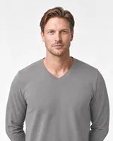 StringKing Men's Pima Terry Long Sleeve V-Neck Tee - Sharp Fit, Frost Gray, Collar Shoulder - Human Model