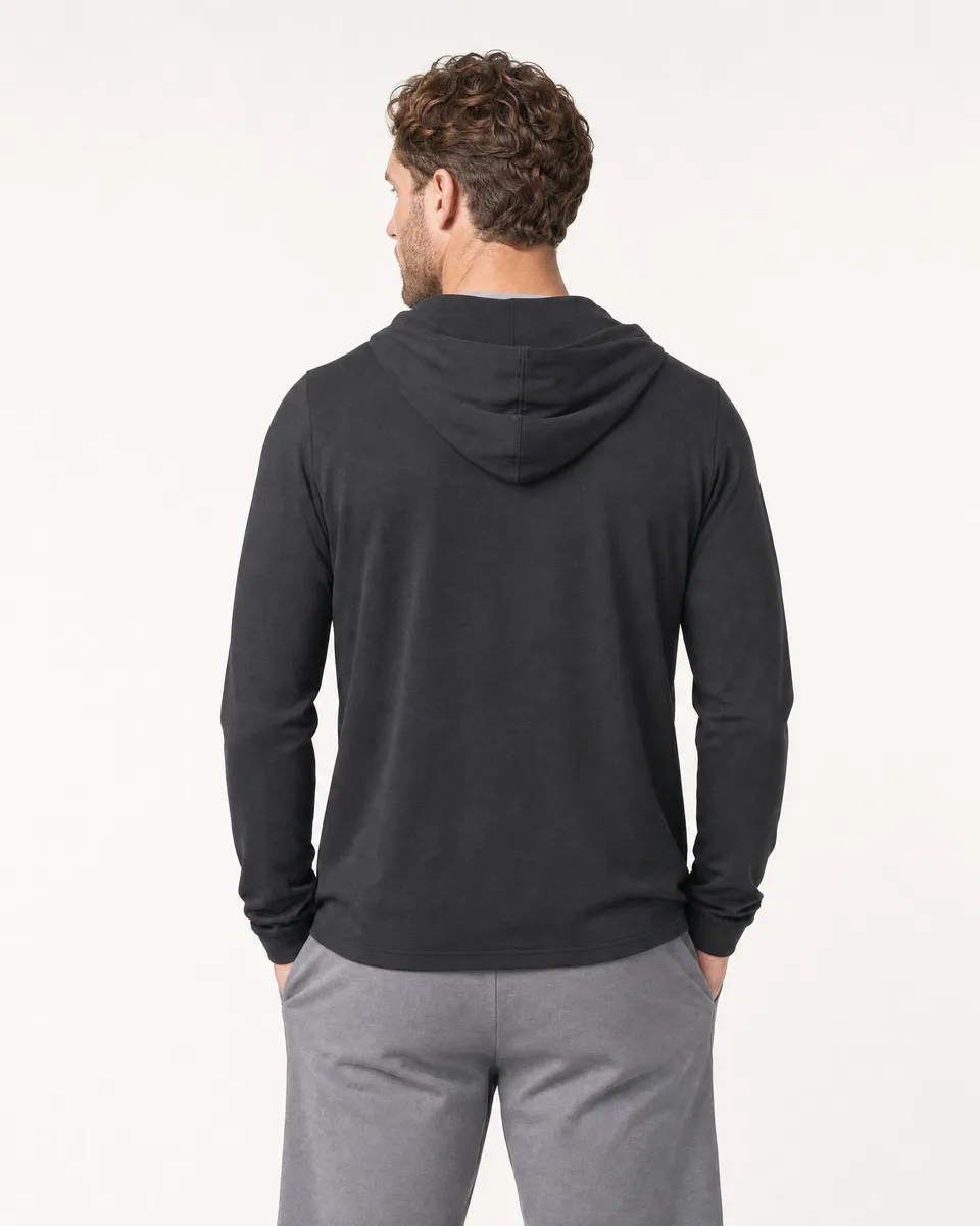 StringKing Men's StayCool Hoodie - Relaxed Fit, Black, Full Back - Human Model - Top of head to Mid-thigh