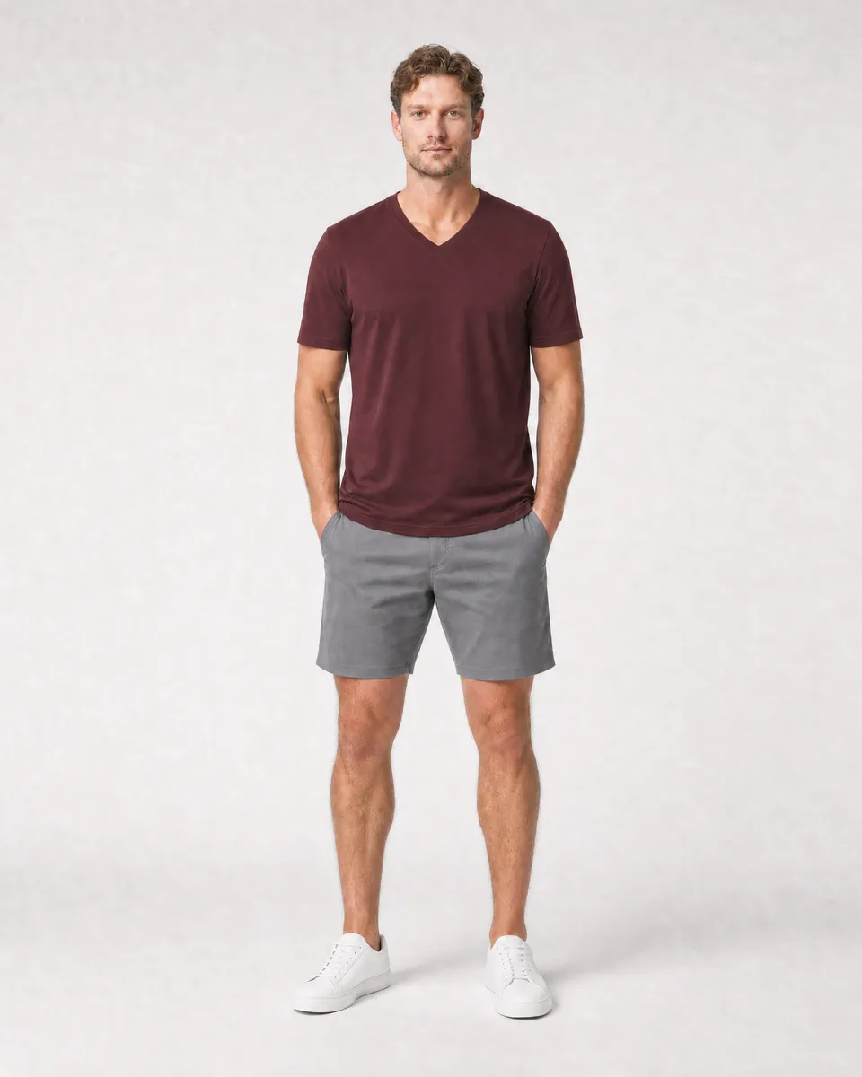 StringKing Men's Pima Jersey V-Neck Tee - Sharp Fit, New Maroon, Full Front - Human Model