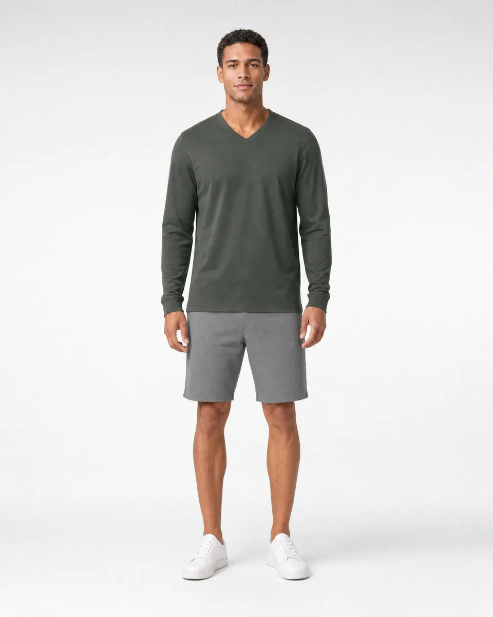 StringKing Men's Pima Terry Long Sleeve V-Neck Tee - Relaxed Fit, Moss, Full Front - Human Model