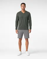 StringKing Men's Pima Terry Long Sleeve V-Neck Tee - Relaxed Fit, Moss, Full Front - Human Model