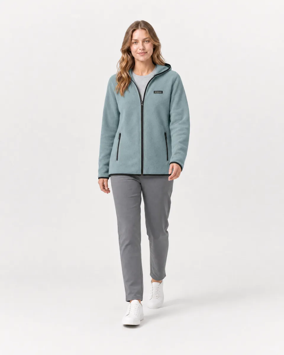 StringKing Women's Polartec Fleece Full Zip Hoodie with Pockets - Relaxed Fit, Slate, Full Front Angle - Human Model