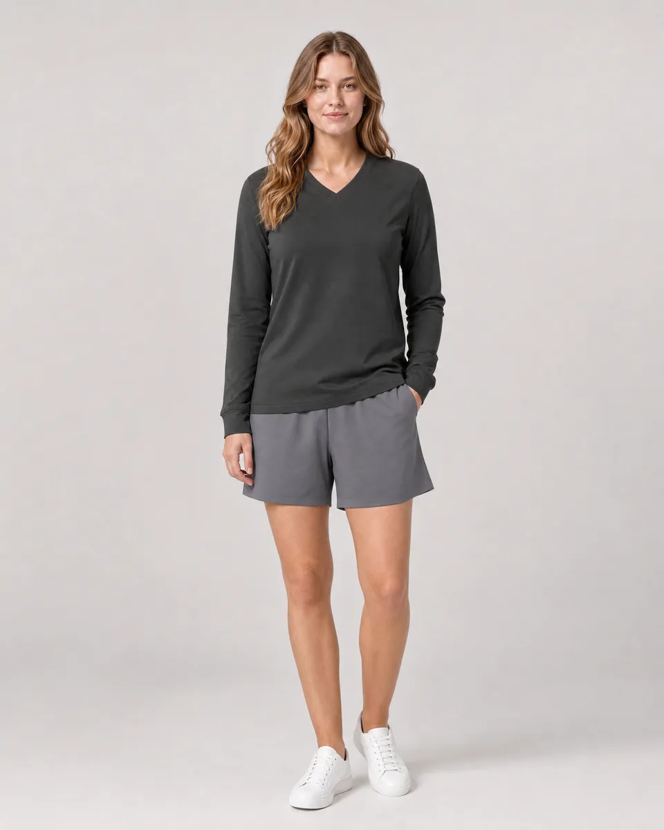 StringKing Women's Pima Jersey Long Sleeve V-Neck Tee - Sharp Fit, Peat, Full Front - Human Model - Top of head to Knees