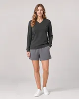 StringKing Women's Pima Jersey Long Sleeve V-Neck Tee - Sharp Fit, Peat, Full Front - Human Model - Top of head to Knees