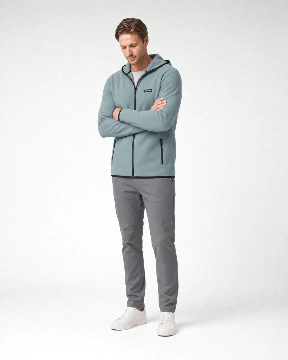 StringKing Men's Polartec Fleece Full Zip Hoodie with Pockets - Relaxed Fit, Slate, Full Front Angle - Human Model