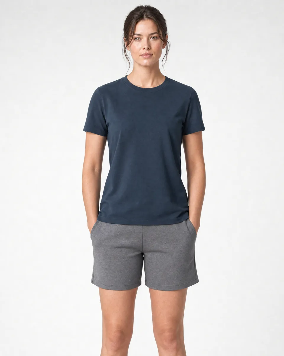 StringKing Women's Pima Terry Tee - Relaxed Fit, Navy, Full Front - Human Model - Top of head to Knees