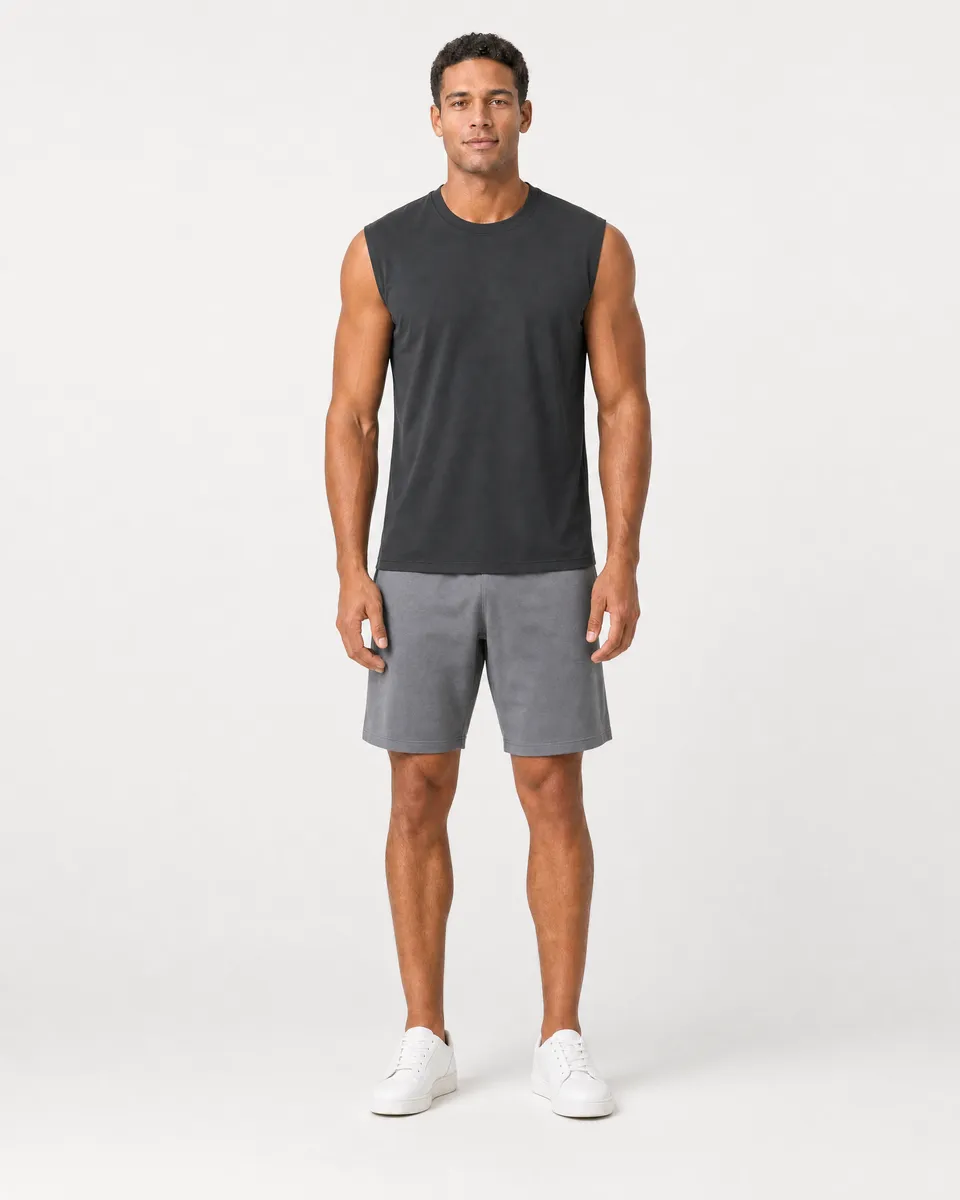 StringKing Men's StayWarm Tank Top - Relaxed Fit, Black, Full Front - Human Model - Top of head to Knees