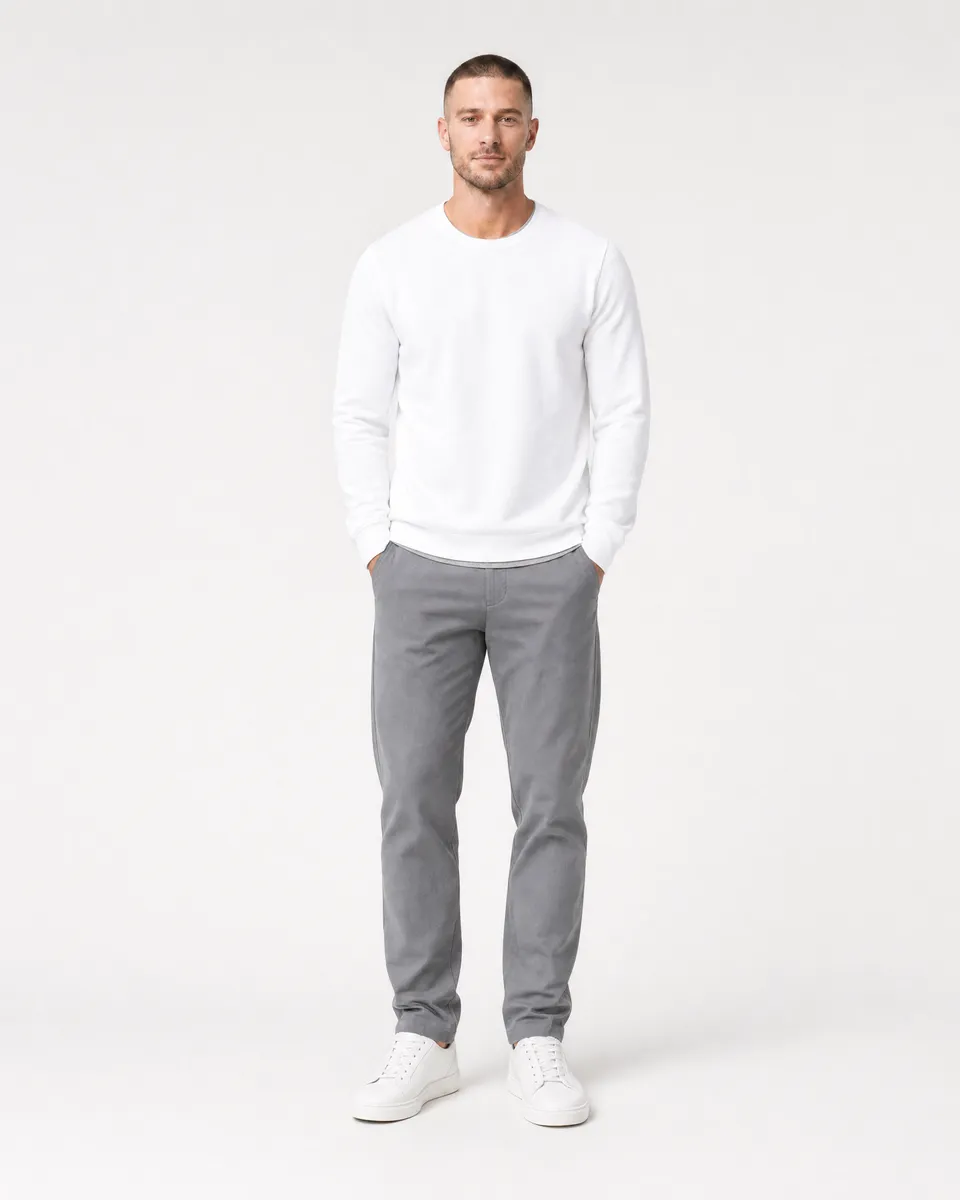 StringKing Men's Pima Terry Crew Sweater - Relaxed Fit, White, Full Front - Human Model