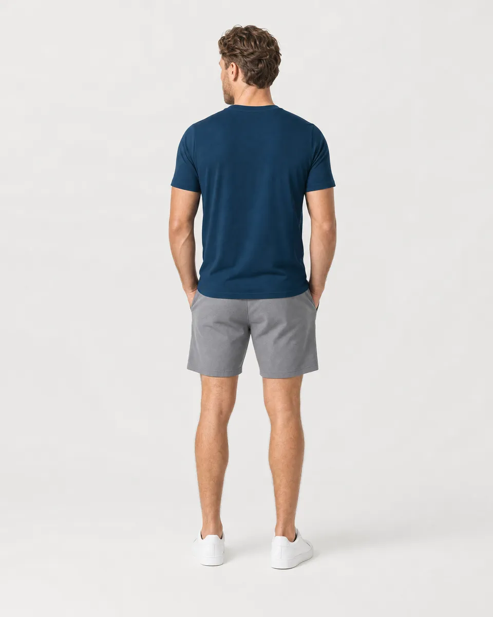 StringKing Men's StayWarm Tee - Sharp Fit, Navy Blue, Full Back - Human Model - Top of head to Mid-thigh
