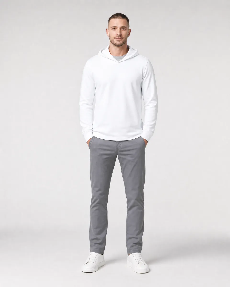 StringKing Men's Pima Jersey Hoodie - Sharp Fit, White, Full Front - Human Model