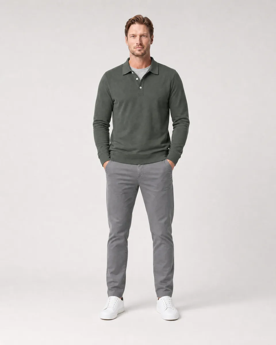 StringKing Men's Pima Terry Long Sleeve Polo - Sharp Fit, Moss, Full Front - Human Model