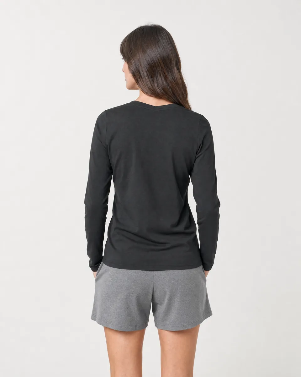 StringKing Women's Pima Jersey Long Sleeve V-Neck Tee - Sharp Fit, Black, Full Back - Human Model - Top of head to Mid-thigh