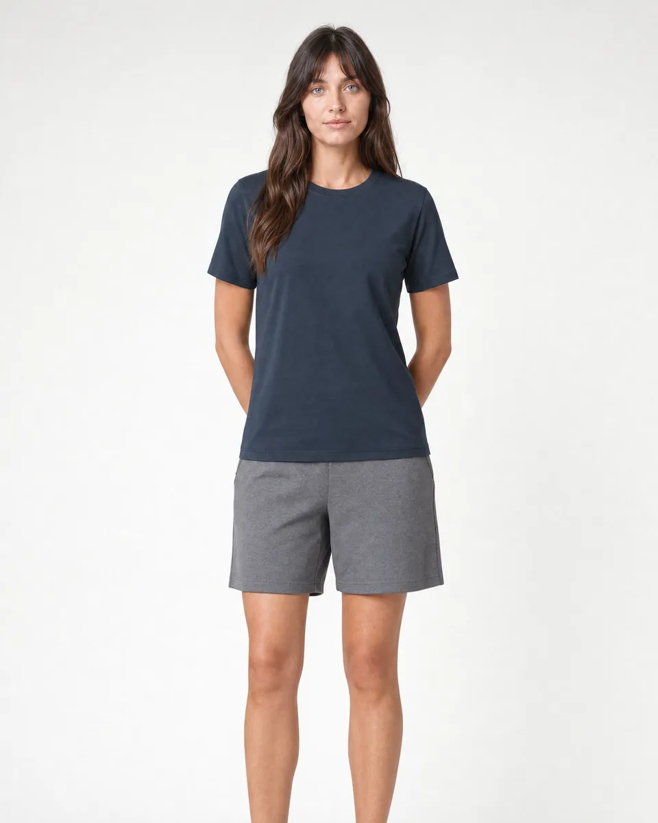 StringKing Women's Pima Jersey Tee - Relaxed Fit, Navy, Full Front - Human Model - Top of head to Knees