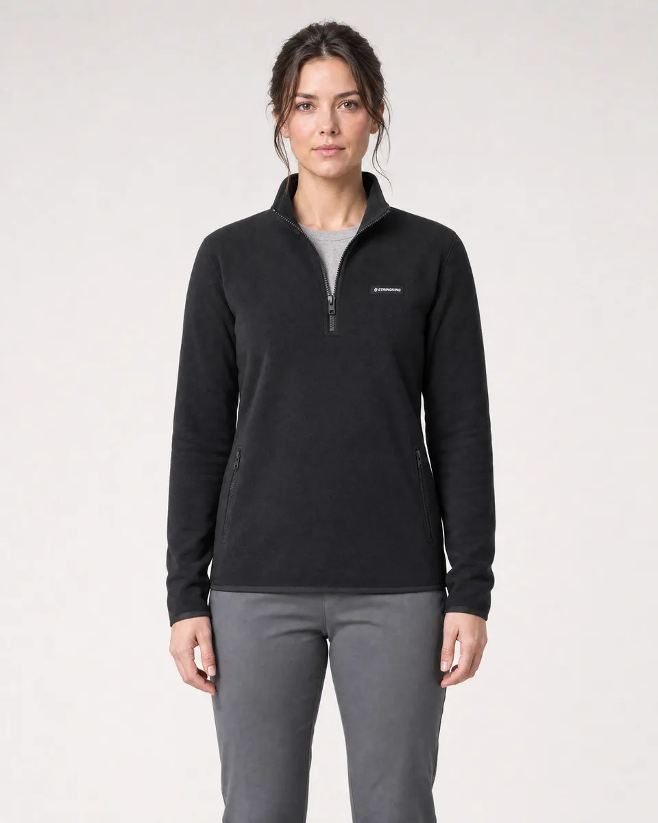 StringKing Women's Polartec Fleece Quarter Zip with Pockets - Sharp Fit, Meteorite, Full Front - Human Model - Top of head to Knees