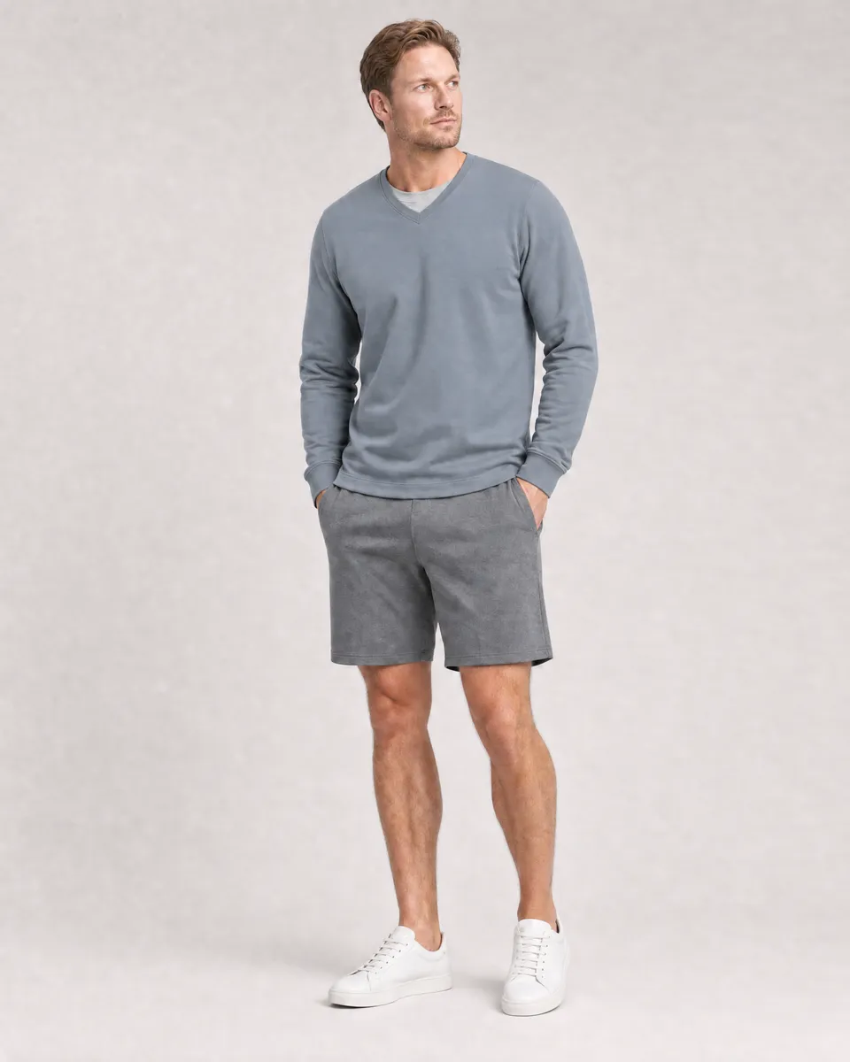 StringKing Men's Pima Terry Long Sleeve V-Neck Tee - Sharp Fit, Tradewinds, Full Front - Human Model - Top of head to Knees