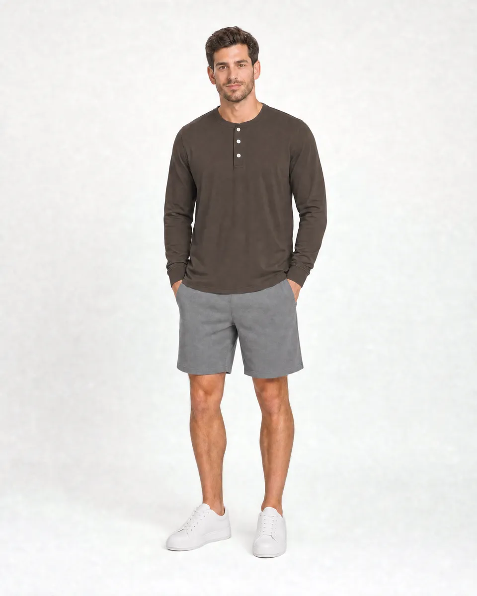 StringKing Men's Pima Jersey Henley - Relaxed Fit, Wren, Full Front - Human Model