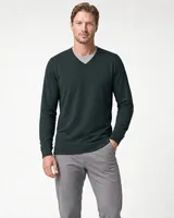 StringKing Men's Pima Terry V-Neck Sweater - Sharp Fit, Pine Grove, Full Front - Human Model - Top of head to Knees