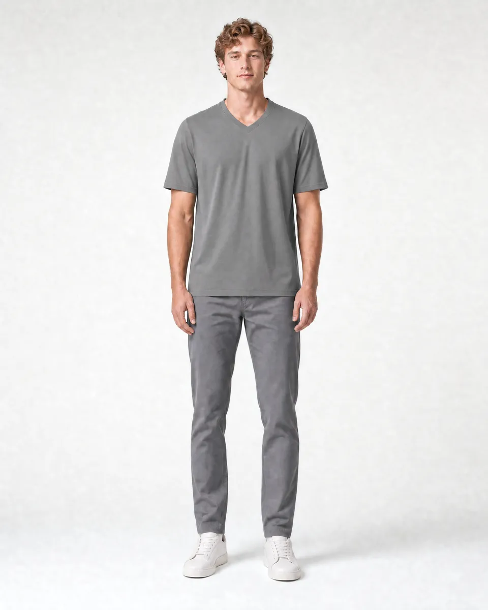 StringKing Men's Pima Terry V-Neck Tee - Relaxed Fit, Frost Gray, Full Front - Human Model