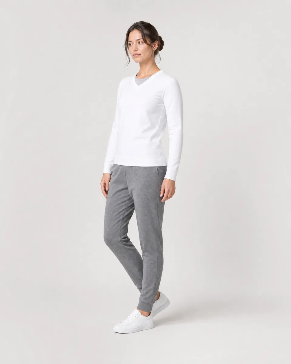 StringKing Women's Pima Terry V-Neck Sweater - Sharp Fit, White, Full Front Angle - Human Model