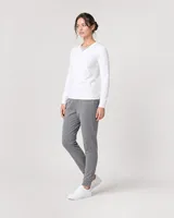 StringKing Women's Pima Terry V-Neck Sweater - Sharp Fit, White, Full Front Angle - Human Model