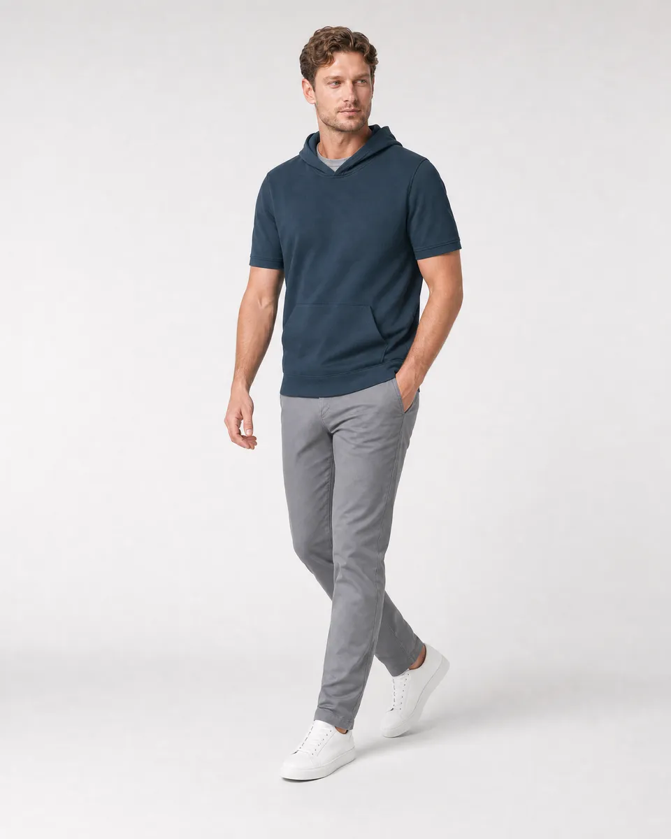 StringKing Men's Pima Terry Short Sleeve Hoodie - Sharp Fit, Navy, Full Front Angle - Human Model