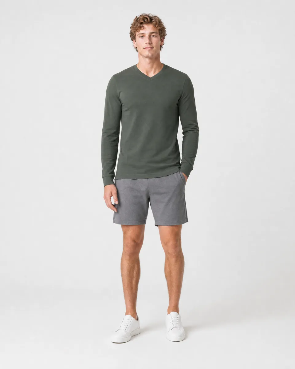 StringKing Men's Pima Jersey Long Sleeve V-Neck Tee - Sharp Fit, Moss, Full Front - Human Model