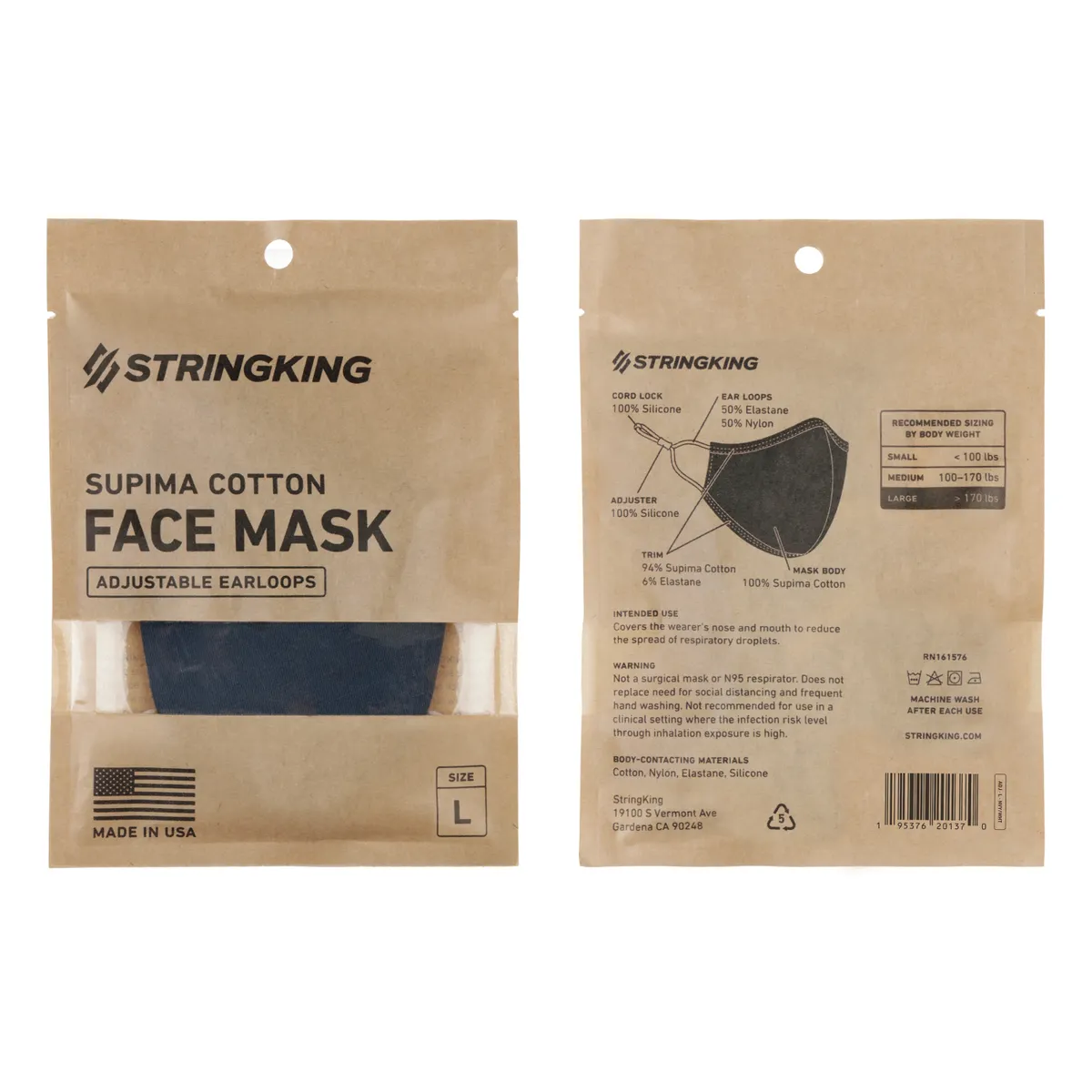 StringKing Cloth Face Mask - Adjustable, Single, Large, Navy, Front, Back