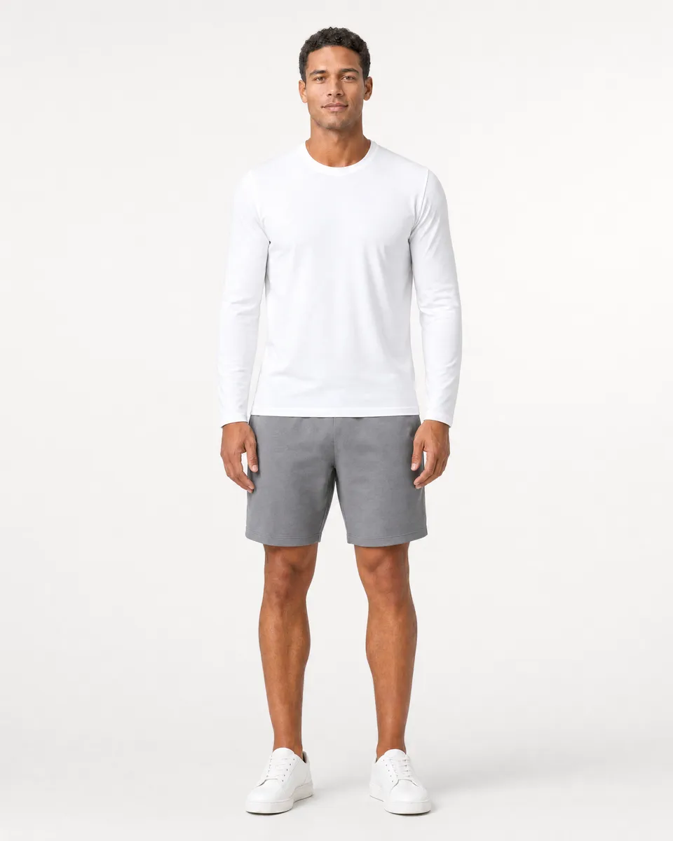 StringKing Men's StayWarm Long Sleeve Tee - Sharp Fit, White, Full Front - Human Model - Top of head to Knees