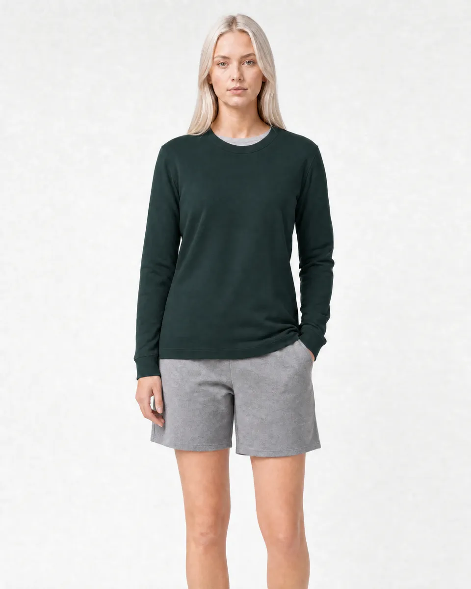 StringKing Women's Pima Terry Long Sleeve Tee - Sharp Fit, Pine Grove, Full Front - Human Model - Top of head to Knees