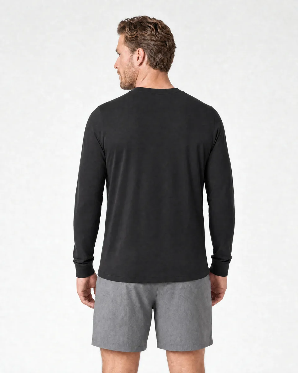 StringKing Men's Pima Jersey Henley - Sharp Fit, Black, Full Back - Human Model - Top of head to Mid-thigh