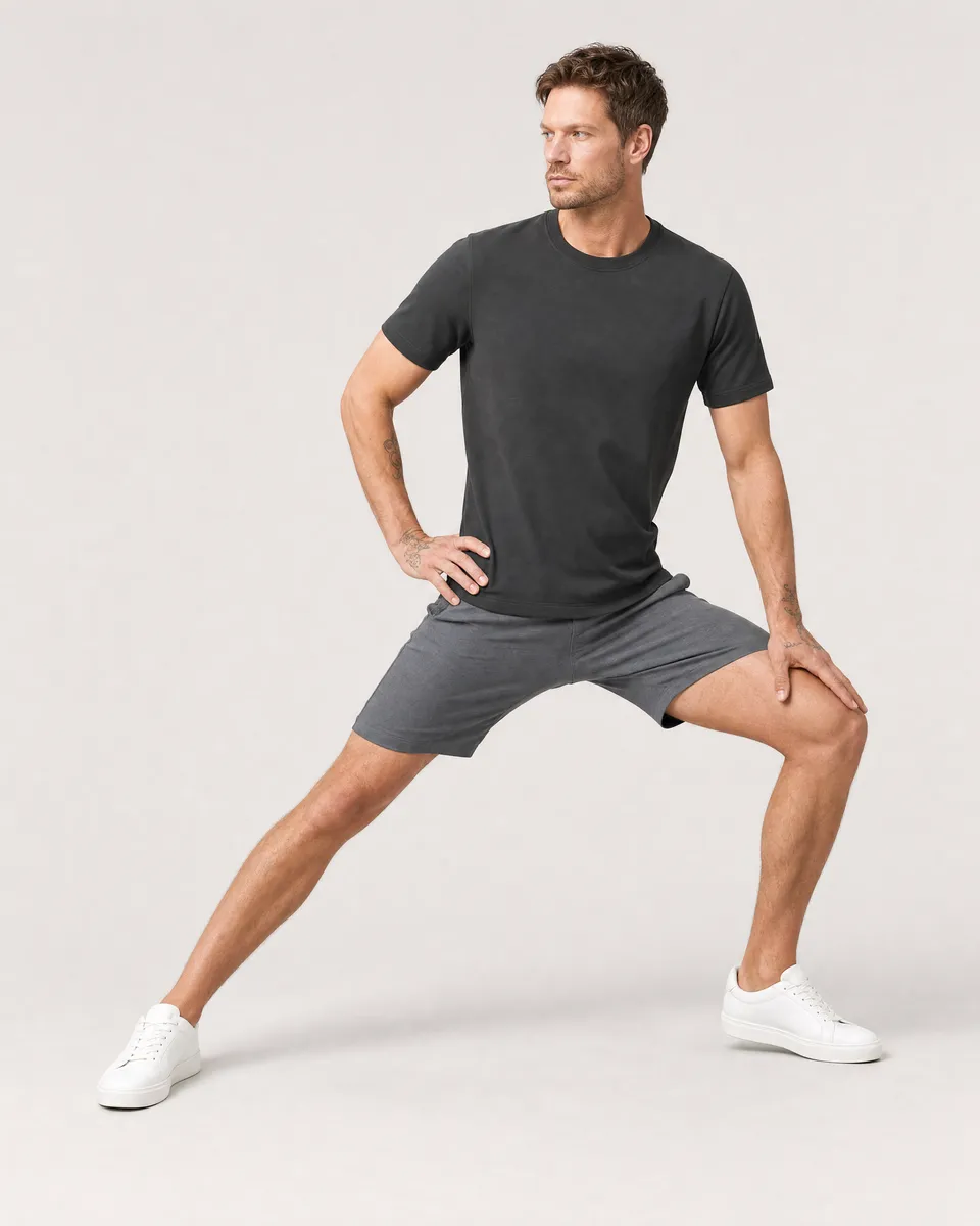 StringKing Men's Pima Terry Tee - Sharp Fit, Peat, Full Front Angle - Human Model
