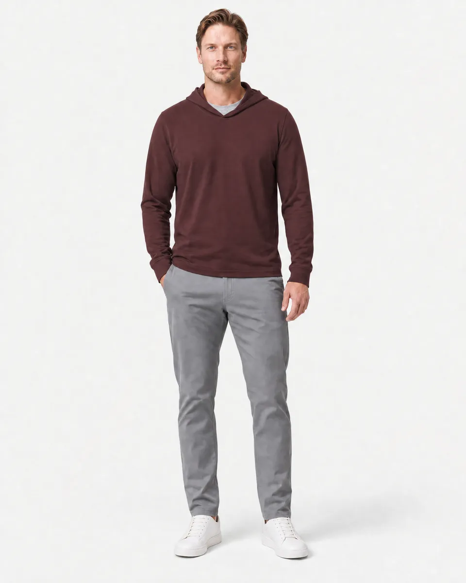 StringKing Men's Pima Jersey Hoodie - Relaxed Fit, New Maroon, Full Front - Human Model - Top of head to Knees
