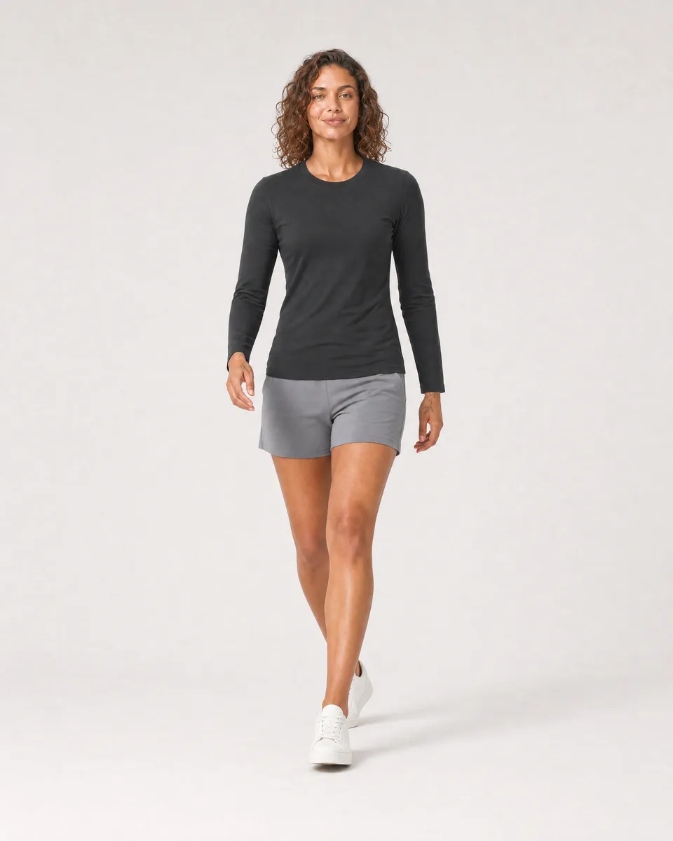StringKing Women's Pima Jersey Long Sleeve Tee - Sharp Fit, Black, Full Front Angle - Human Model