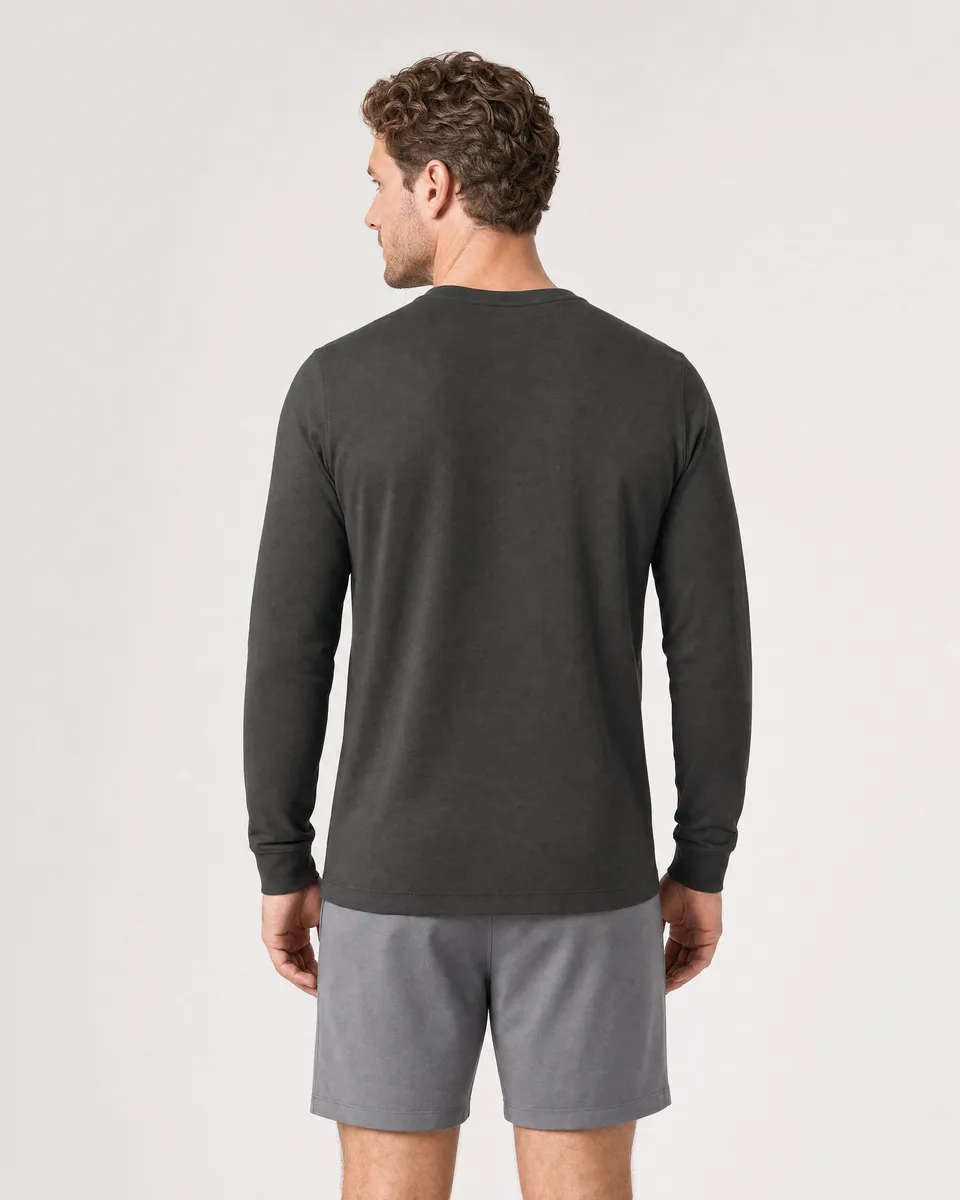 StringKing Men's Pima Terry Long Sleeve V-Neck Tee - Sharp Fit, Peat, Full Back - Human Model - Top of head to Mid-thigh