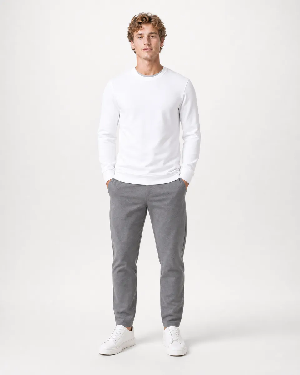 StringKing Men's StayWarm Sweater - Sharp Fit, White, Full Front - Human Model - Top of head to Knees