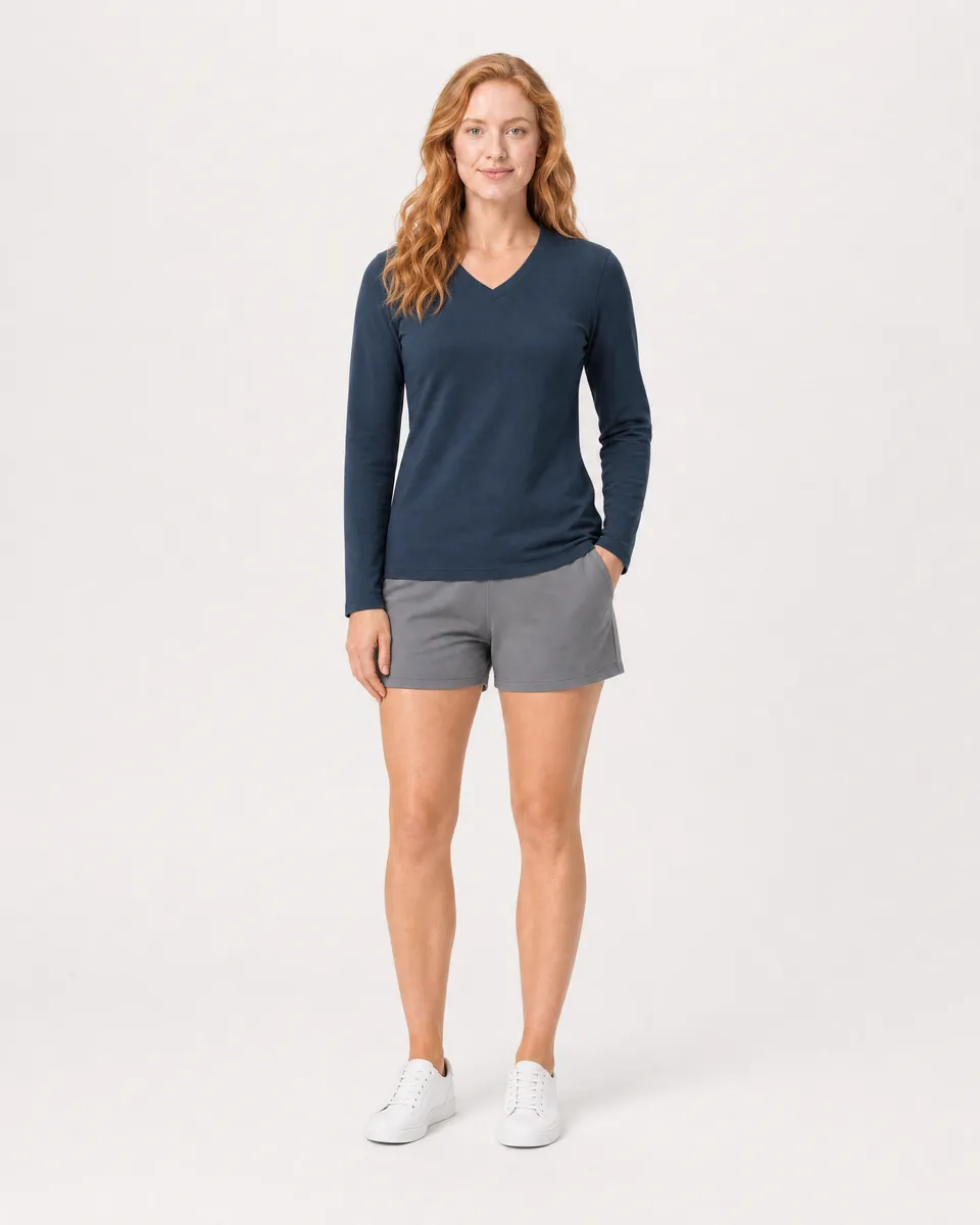 StringKing Women's Pima Terry Long Sleeve V-Neck Tee - Sharp Fit, Navy, Full Front - Human Model