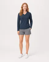 StringKing Women's Pima Terry Long Sleeve V-Neck Tee - Sharp Fit, Navy, Full Front - Human Model