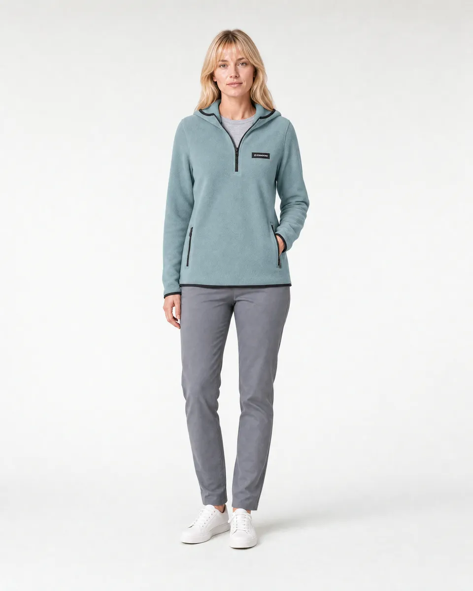 StringKing Women's Polartec Fleece Quarter Zip Hoodie with Pockets - Sharp Fit, Slate, Full Front - Human Model