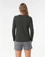 StringKing Women's Pima Terry Long Sleeve V-Neck Tee - Relaxed Fit, Peat, Full Back - Human Model - Top of head to Mid-thigh