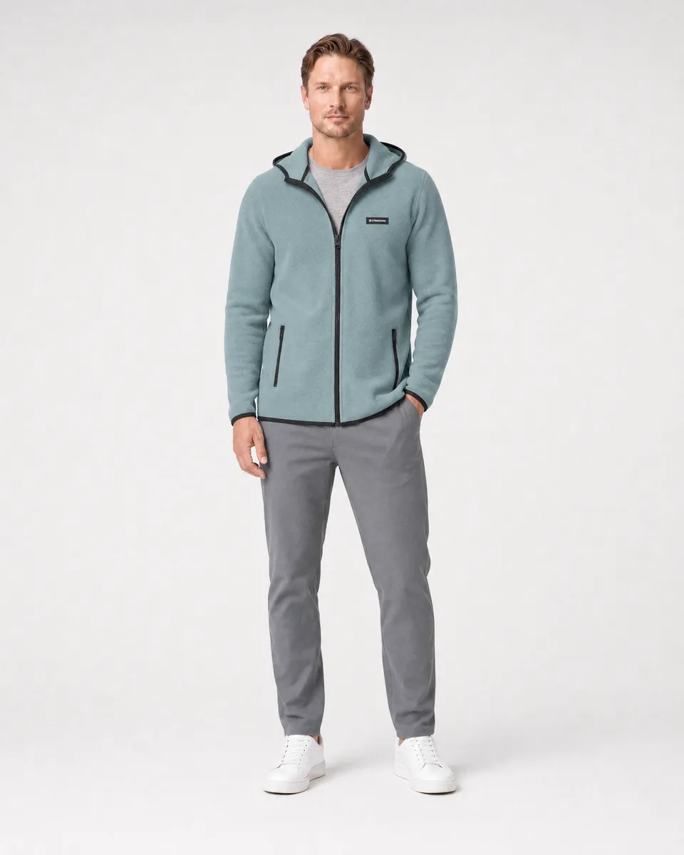 StringKing Men's Polartec Fleece Full Zip Hoodie with Pockets - Relaxed Fit, Slate, Full Front - Human Model