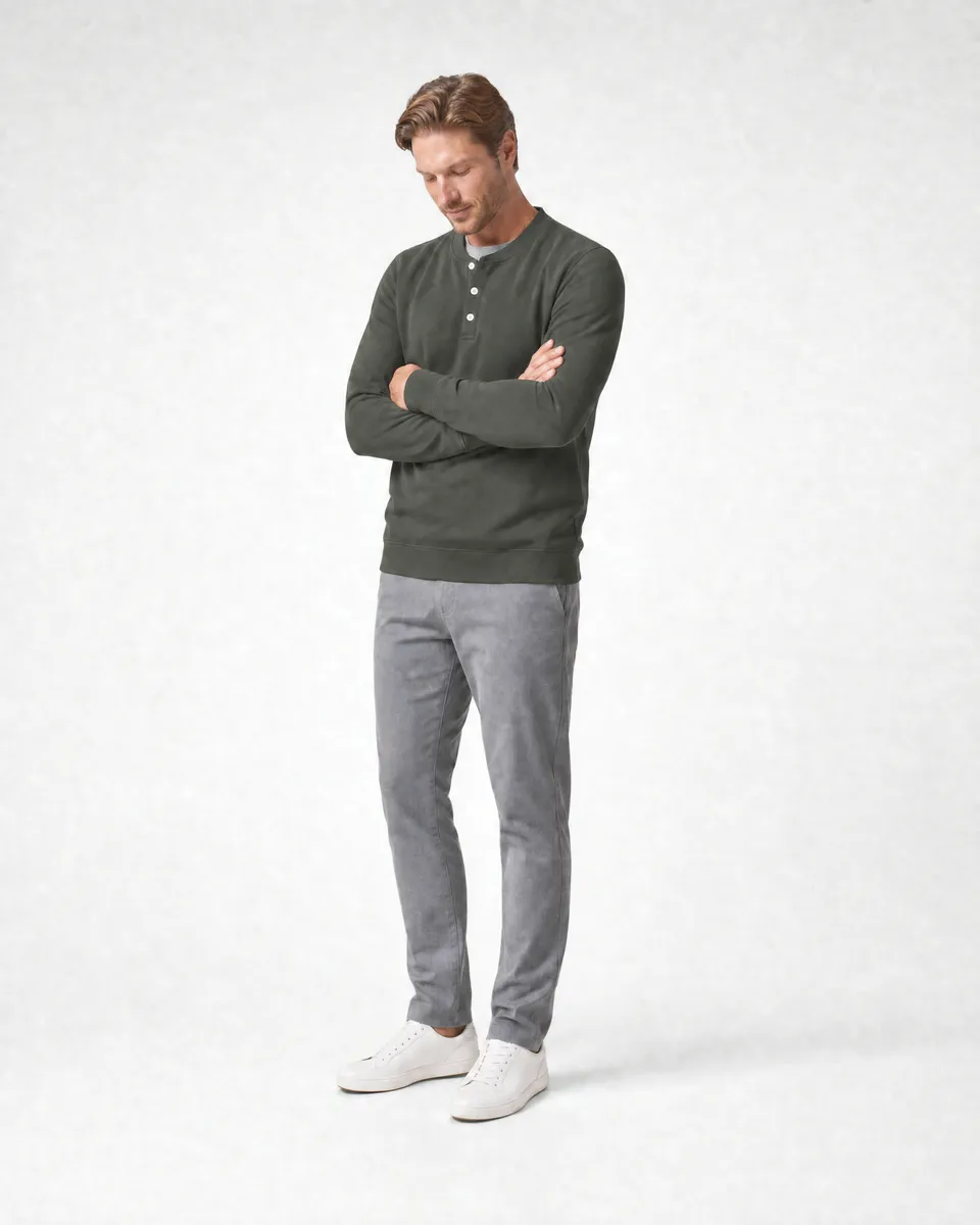 StringKing Men's Pima Terry Henley - Relaxed Fit, Moss, Full Front Angle - Human Model
