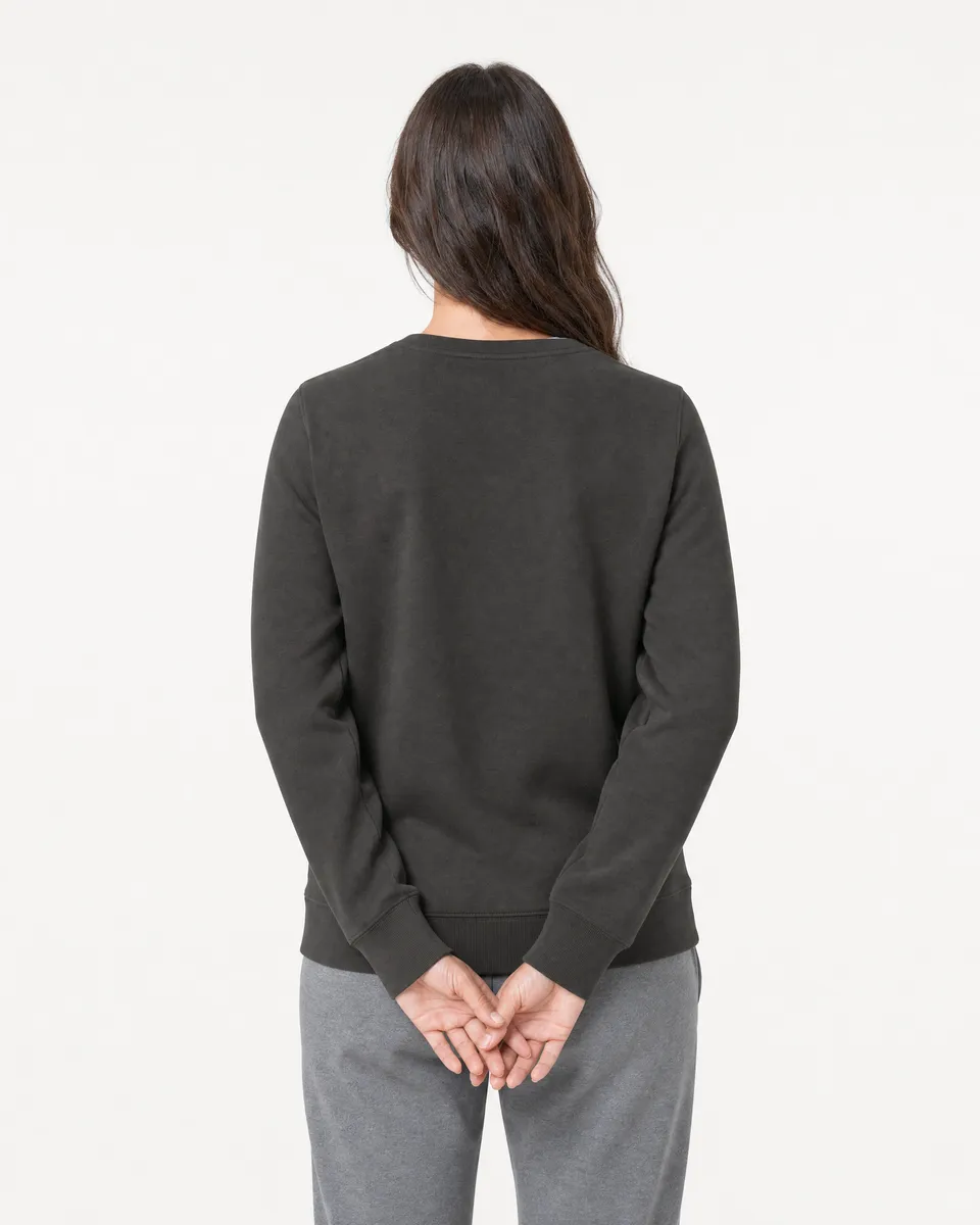StringKing Women's Pima Terry V-Neck Sweater - Relaxed Fit, Peat, Full Back - Human Model - Top of head to Mid-thigh