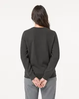StringKing Women's Pima Terry V-Neck Sweater - Relaxed Fit, Peat, Full Back - Human Model - Top of head to Mid-thigh