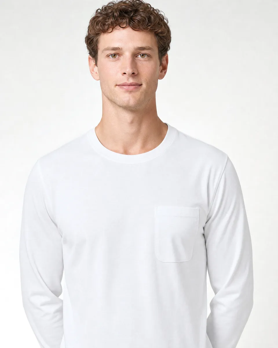StringKing Men's Pima Jersey Long Sleeve Pocket Tee - Sharp Fit, White, Collar Shoulder - Human Model